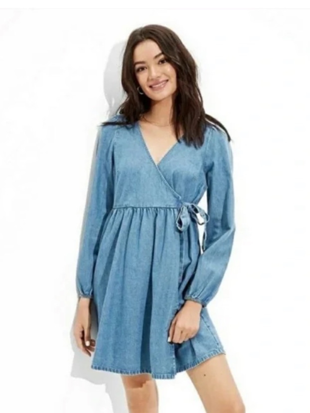 AMERICAN EAGLE DENIM WRAP DRESS LONG SLEEVE BLUE JEAN DRESS LARGE PETITE Y2K